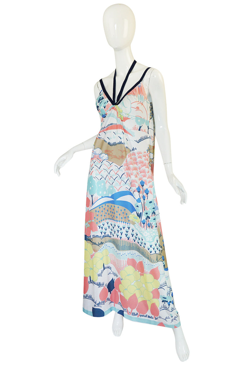 1970s Lanvin Pastel Scenic Printed Jersey Maxi Dress