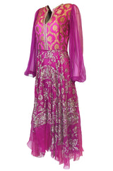 c1969 Thea Porter Couture Gold Brocade & Silver Metal Embroidered Fuchsia Dress