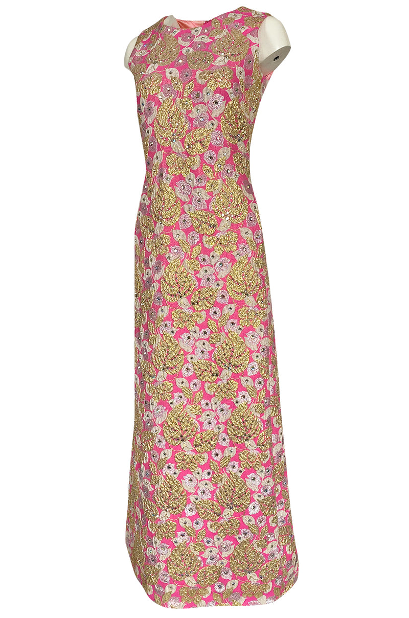 1960s Kiki Hart Silver, Gold & Pink Silk Brocade Dress w Rhinestone Detailing