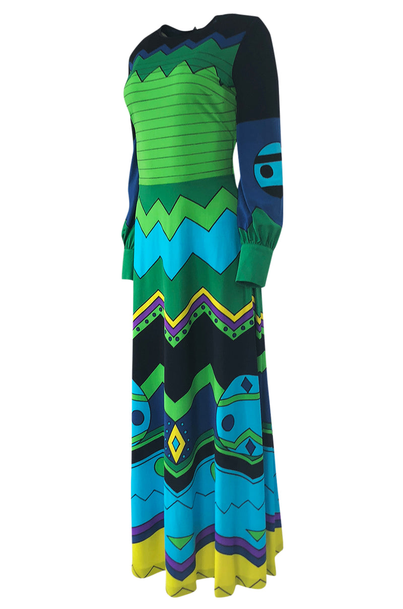 1970s Louis Feraud Turquoise & Green Printed Jersey Maxi Dress