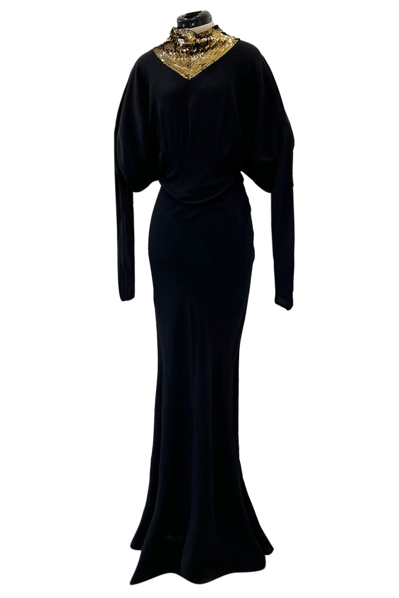 Fabulous 1930s Bias Cut Black Crepe w Gold Sequin Collar and Gold Meta Shrimpton Couture Fabulous 1930s Bias Cut Black Crepe w Gold Sequin Collar and Gold Meta Shrimpton Couture