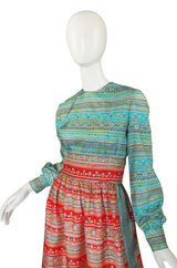 1970s Mollie Parnis Blue & Red Day Dress