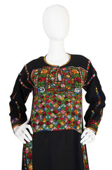 1960s Bright Thread Hand Embroidered Black Caftan