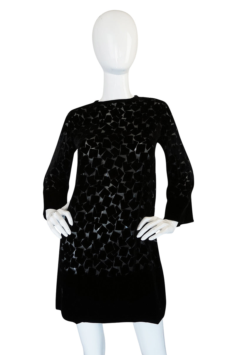 1970s Yves Saint Laurent Fused Velvet & Silk Chiffon Shift Dress