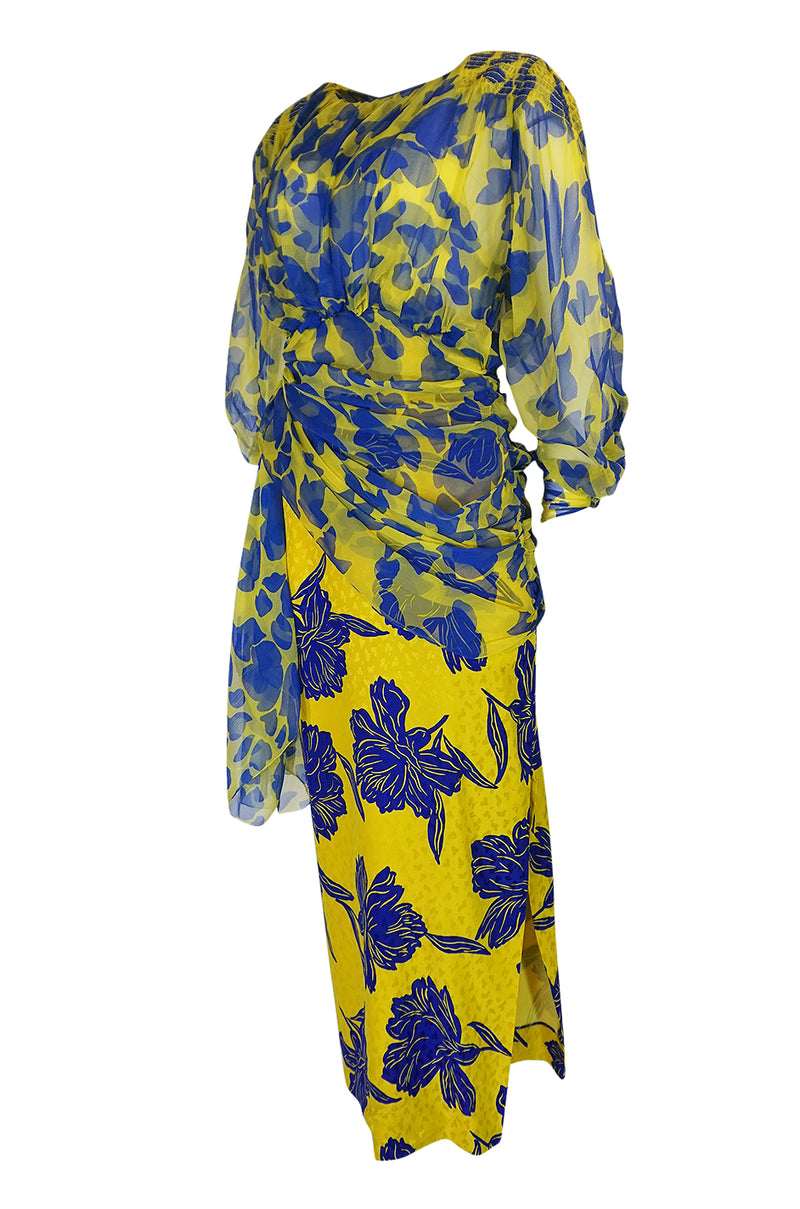 1970s James Galanos Couture Draped Printed Floral Silk Dress