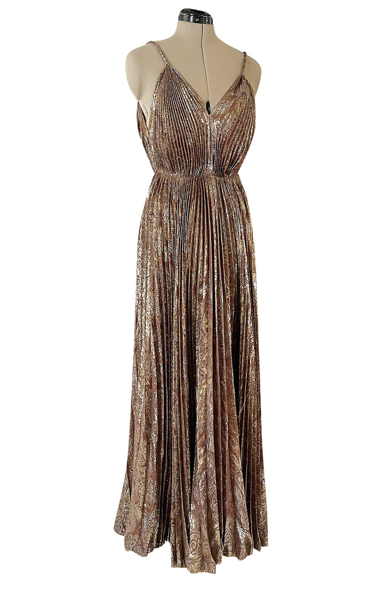 Incredible Spring 1977 Jean Patou by Angelo Tarlazzi Plunging Bronze Silk Lame Metallic Pleat Dress