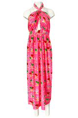 1973 Oscar de la Renta Brilliant Pink Backless Halter Dress w Front Keyhole