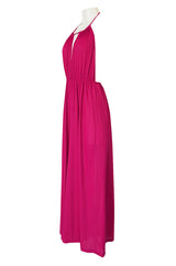 1960s Unlabelled Bright Pink Nylon Wide Leg Backless Jumpsuit