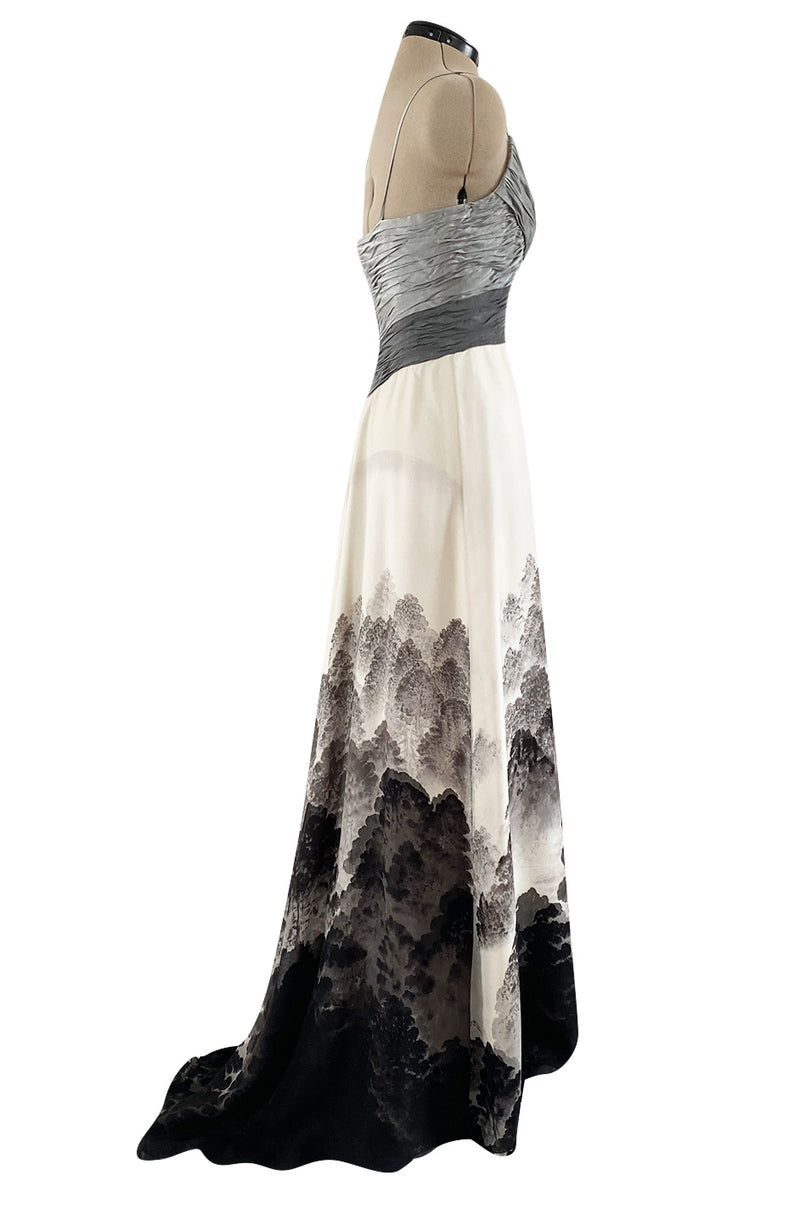 Spring 2000 Hanae Mori Haute Couture Forest & Butterfly Print Silk Chiffon Dress & Silk Huge Scarf