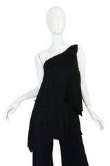 1970s Black Jersey One Shoulder Tiered Jumpsuit