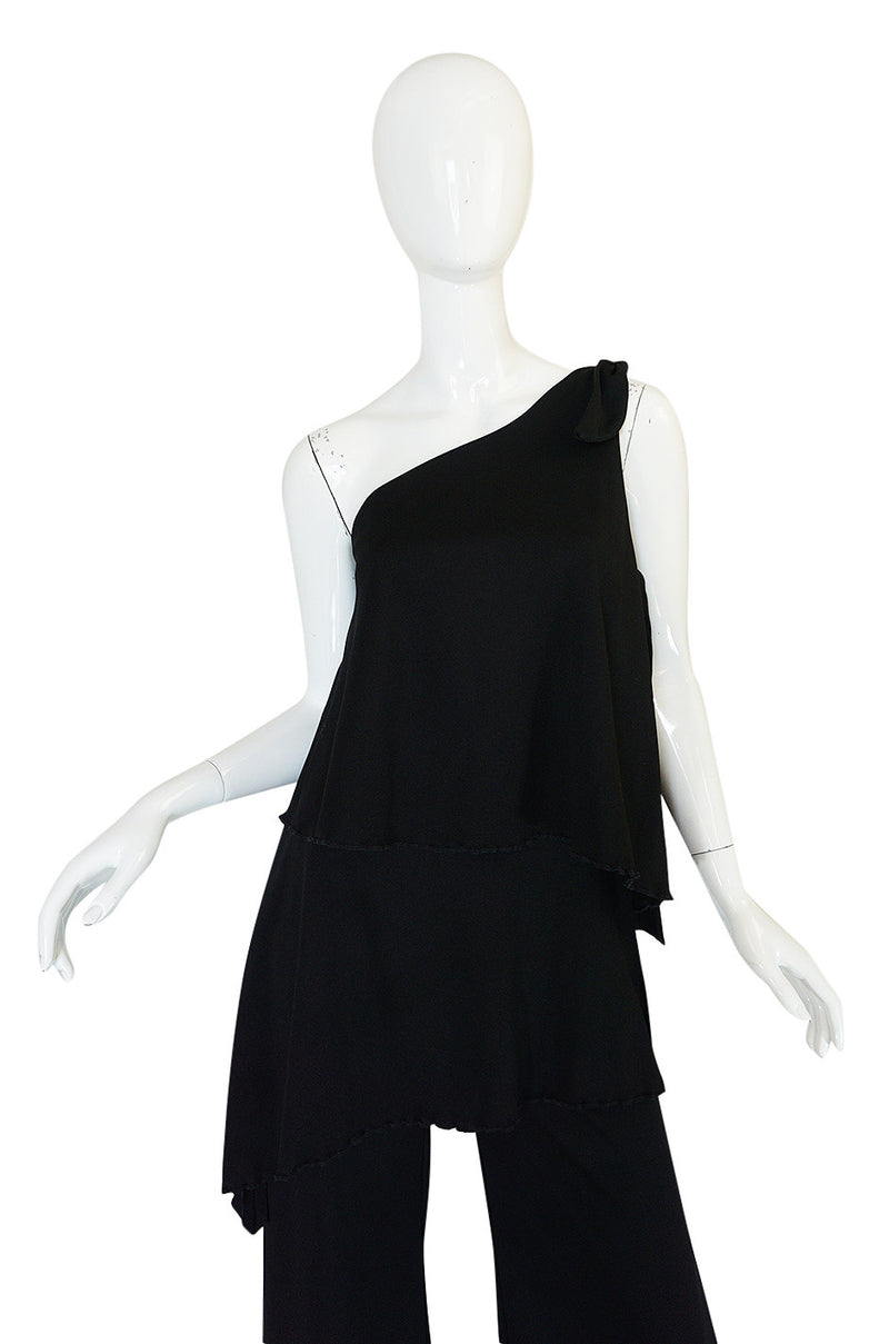 1970s Black Jersey One Shoulder Tiered Jumpsuit