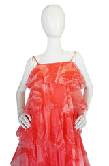 1960s Tiered & Ruffled Silk Chiffon Coral Maxi Dress