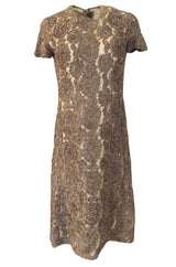 Early 1950s Unlabeled Taupe Ribbon Tape and Net Sheat Dress & Belt