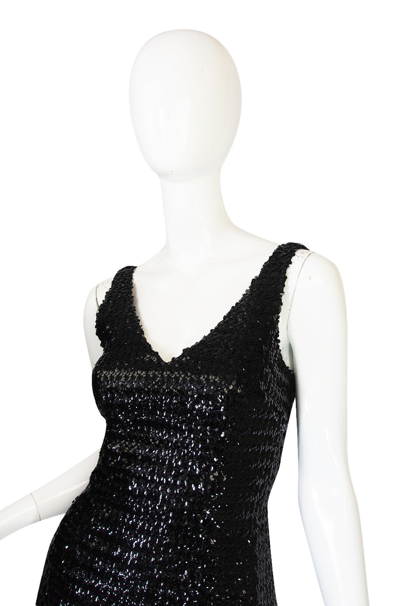 1970s Glossy Black Sequin Donald Brooks Dress