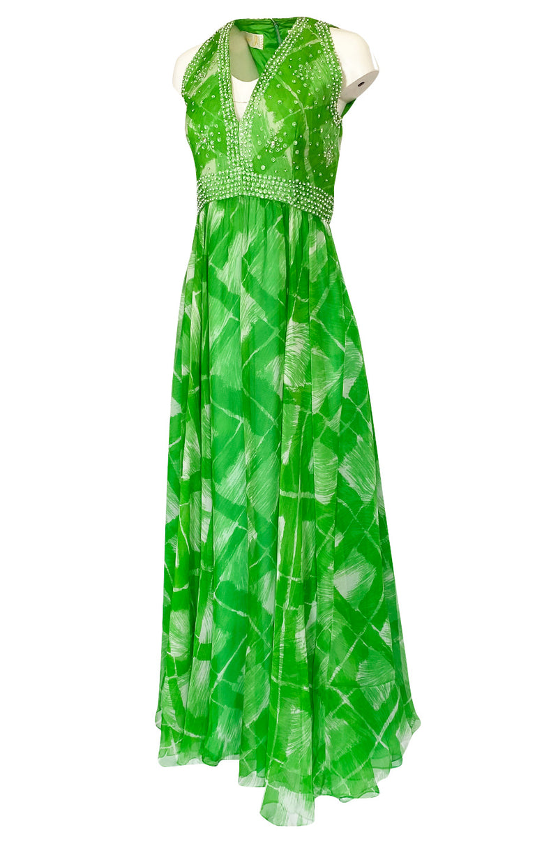 1960s Victoria Royale Green & White Print Silk Chiffon Beaded Dress