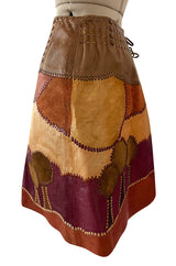 Extraordinary 1960s Char Hand Made Leather & Suede Wrap Scenic Patchwork Skirt