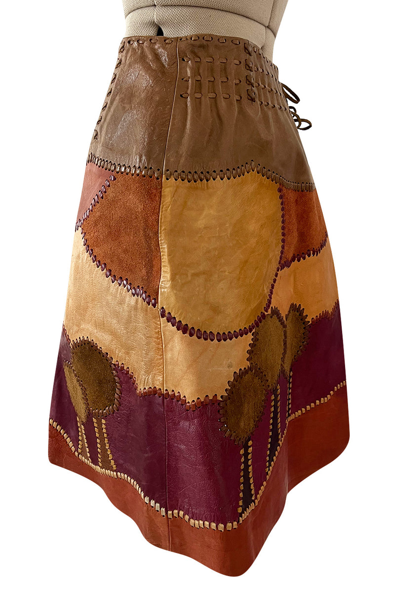 Extraordinary 1960s Char Hand Made Leather & Suede Wrap Scenic Patchwork Skirt