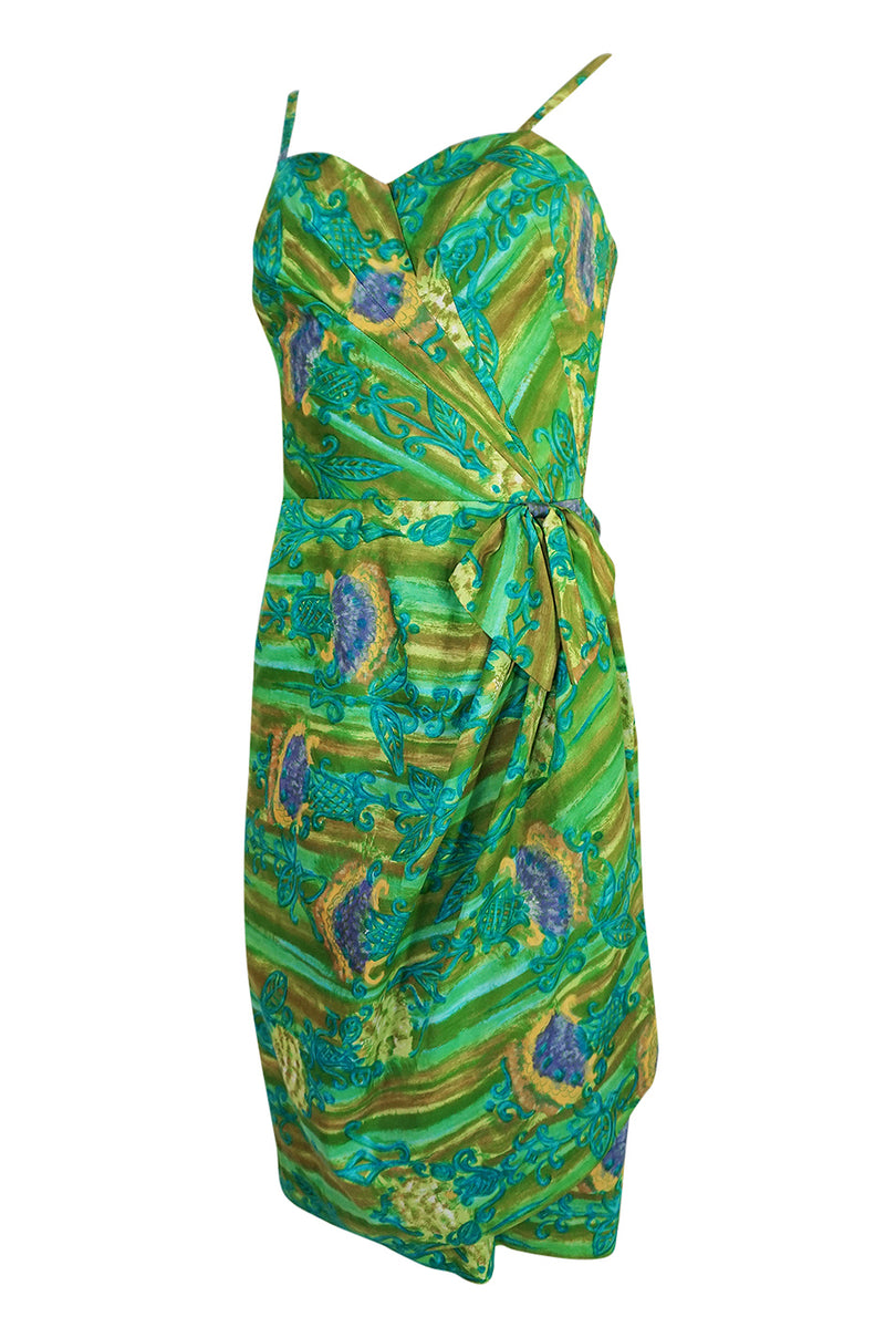 1950s Mildreds of Hawaii Green & Blue Print Cotton Summer Dress