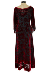 Gorgeous 1980s Zandra Rhodes Deep Red Cut Velvet Caftan Dress w Beaded Detailing