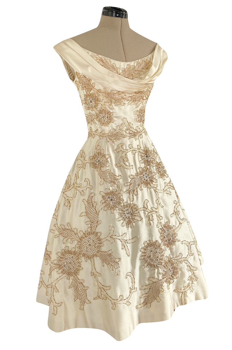 Incredible 1950s Ceil Chapman Ivory Silk Satin Dress w Gold Metal Ribbon Detailing