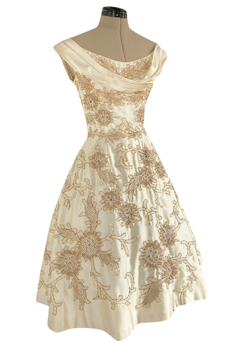 Incredible 1950s Ceil Chapman Ivory Silk Satin Dress w Gold Metal Ribb Shrimpton Couture Incredible 1950s Ceil Chapman Ivory Silk Satin Dress w Gold Metal Ribb Shrimpton Couture
