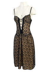 1950s Black Lace Over Nude Stretch Jersey Front Lace Lingerie Under Dress Slip