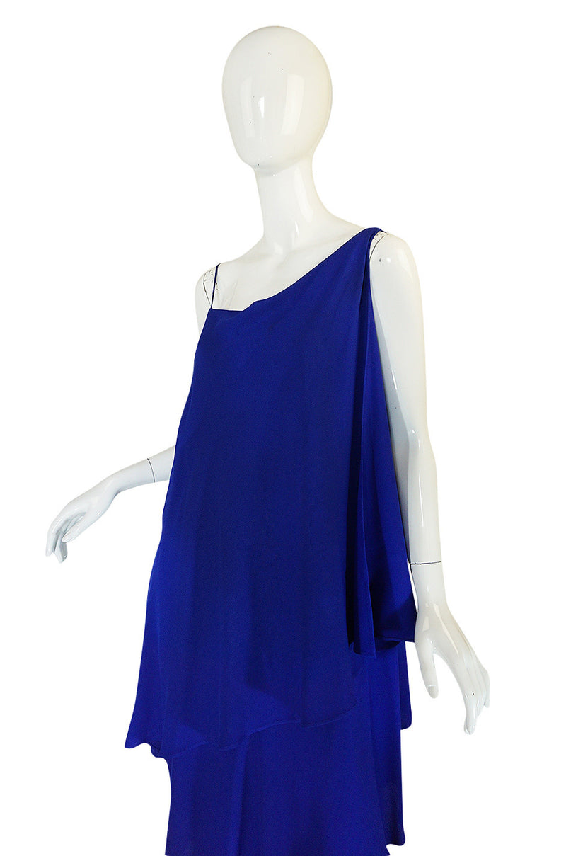 1980-82 Ruffled Halston Spiral Dress in Royal Blue Silk