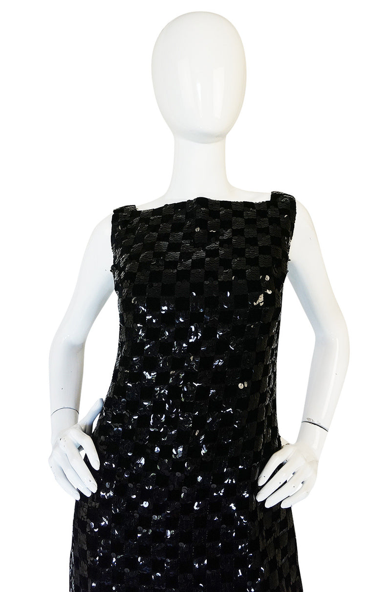 1960s Sequin & Velvet Checked Black Malcolm Starr Dress