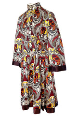 1972 Jean Muir Abstract Printed Silk Satin Dress w Pin Tuck Detailed Bodice