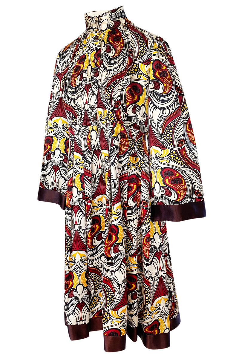 1972 Jean Muir Abstract Printed Silk Satin Dress w Pin Tuck Detailed Bodice