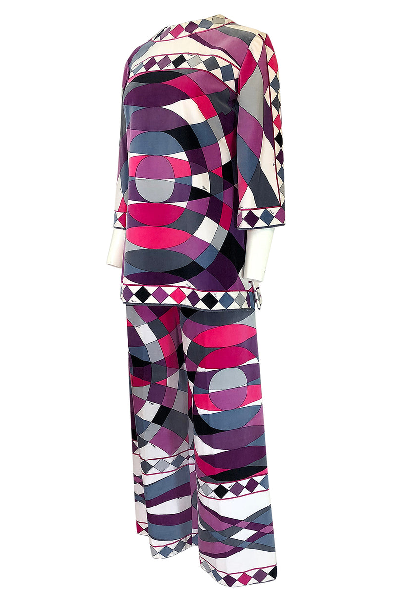 Iconic 1960s Emilio Pucci Pink Print Velvet Pant & Tunic/Dress Set