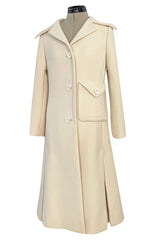 Fabulous 1960s Galanos Ivory Wool Tailored Coat w Front Pocket Detail & Arrow Stitched Seams