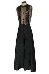 Amazing 1960s Jean Varon Sheer Sequin Bodice Jumpsuit w Wide Textured Pants