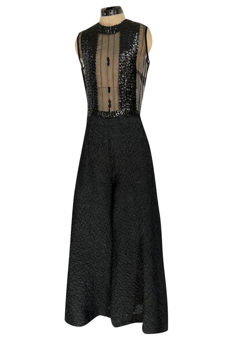 Amazing 1960s Jean Varon Sheer Sequin Bodice Jumpsuit w Wide Textured Pants