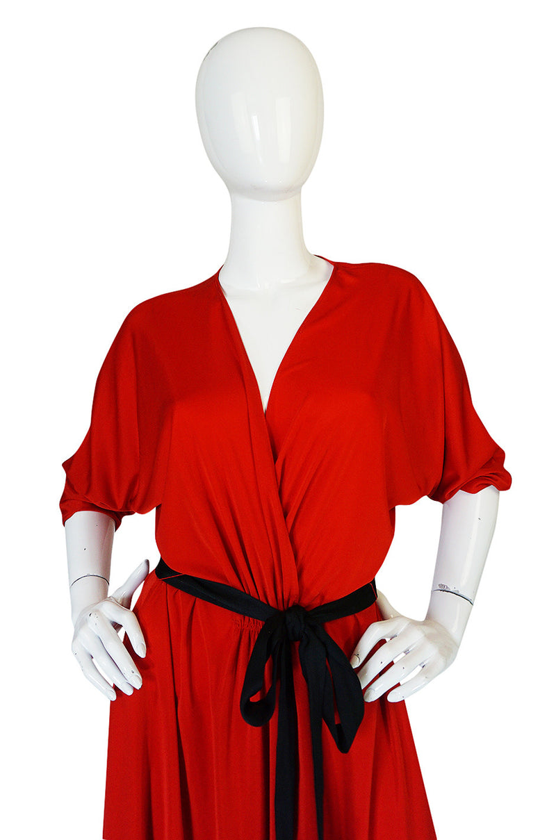 1970s Bill Blass Brilliant Red Nylon Jersey Wrap Dress