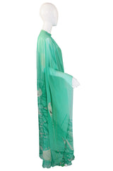 1970s Hanae Mori Silk Chiffon Bird Caftan