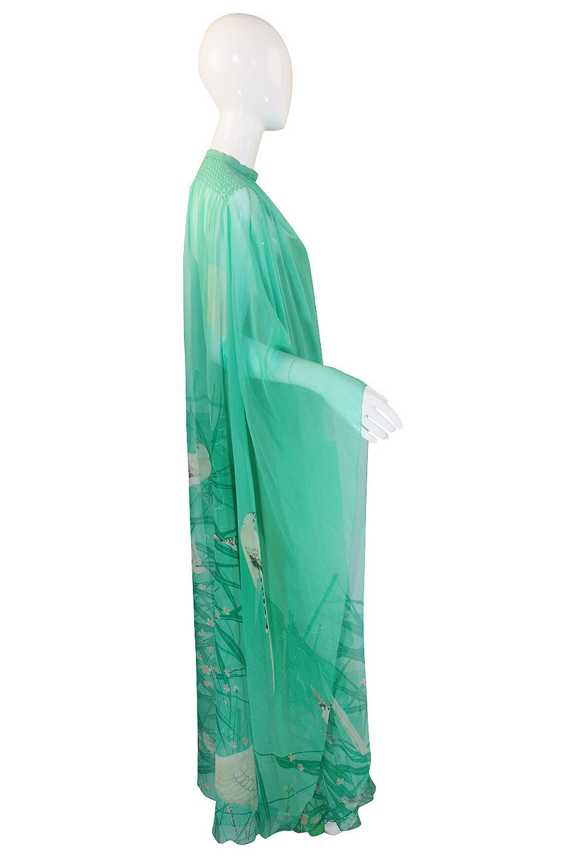 1970s Hanae Mori Silk Chiffon Bird Caftan