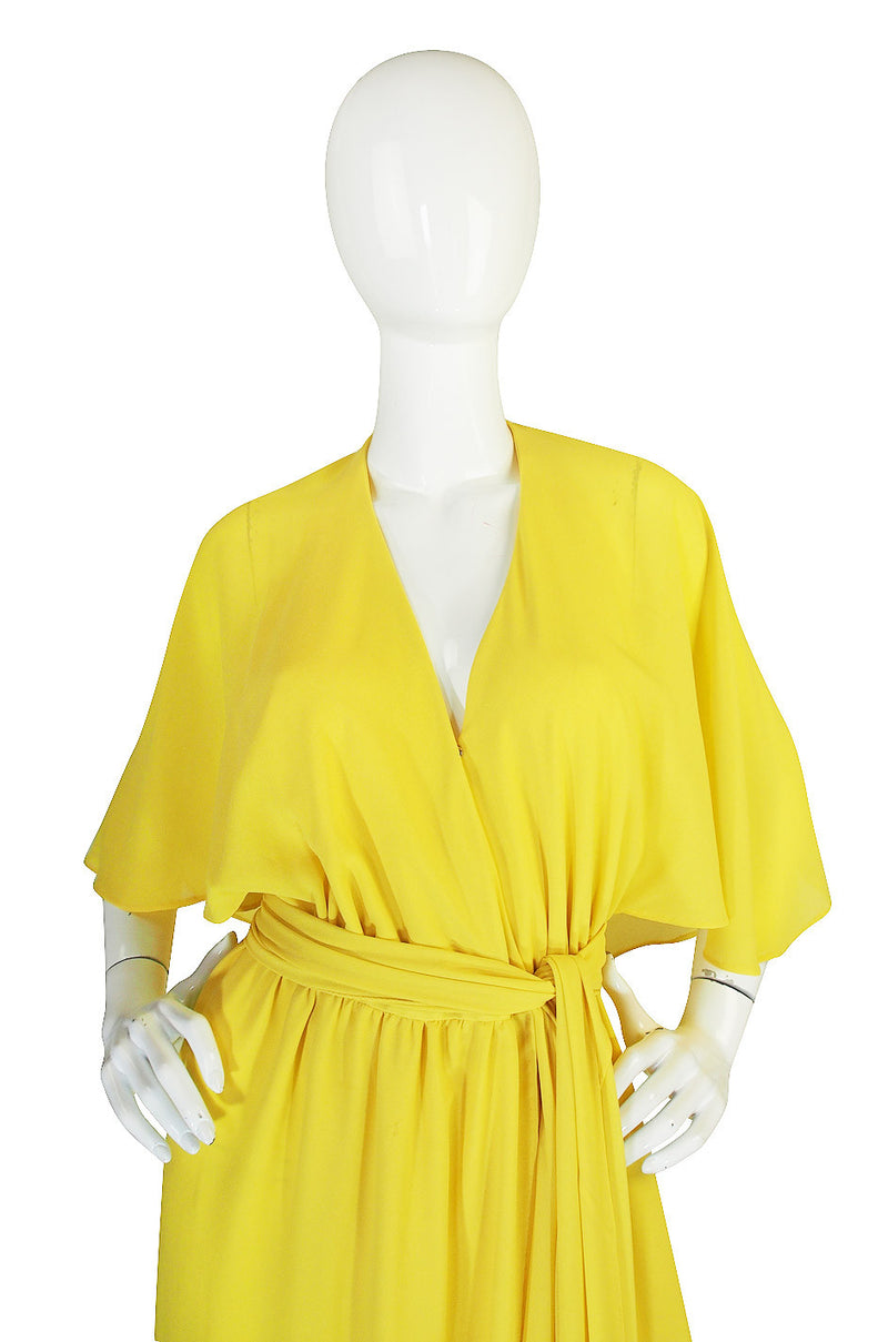 1970s Backless Yellow Wrap Halston Maxi Dress