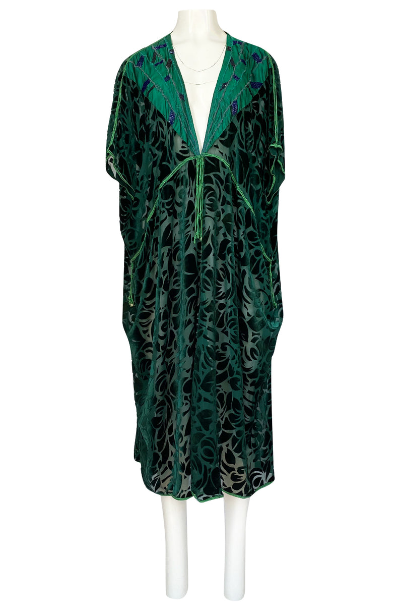 Rare 1977 Thea Porter Couture Green Fused Velvet Open Front Abaya Caftan