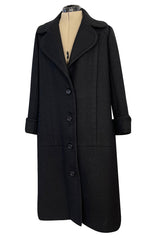 Elegant 1960s Jean Patou by Michel Goma Black Wool Coat w Top Stitching Details