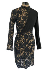 1990s Geoffrey Beene Black Ribbon Net Lace Dress w Nude Interior & Tied Panel Detailing
