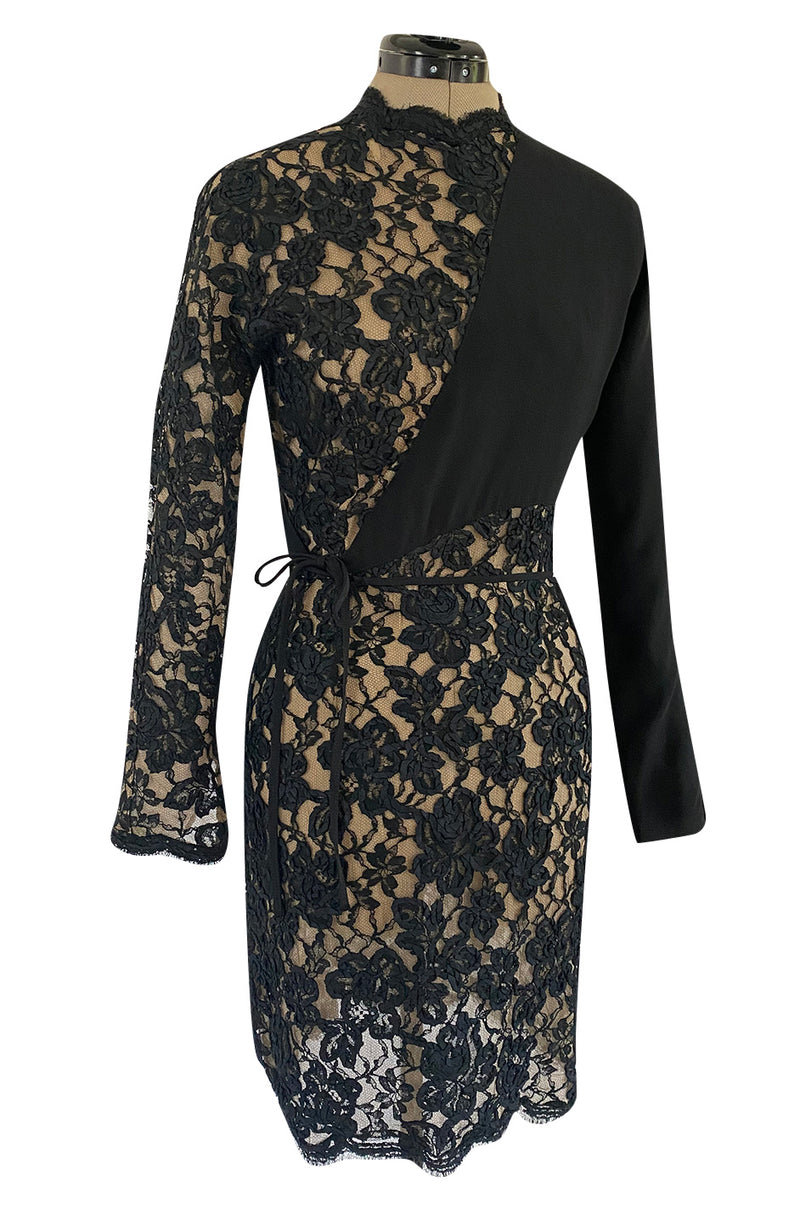 1990s Geoffrey Beene Black Ribbon Net Lace Dress w Nude Interior & Tied Panel Detailing