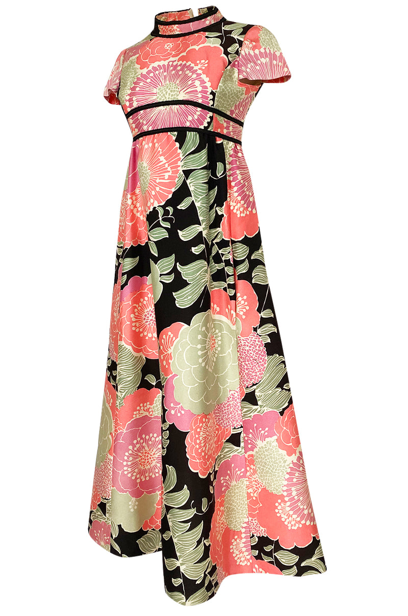 Late 1960s Malcolm Starr Prettiest Huge Pastel Floral Print Silk Dress