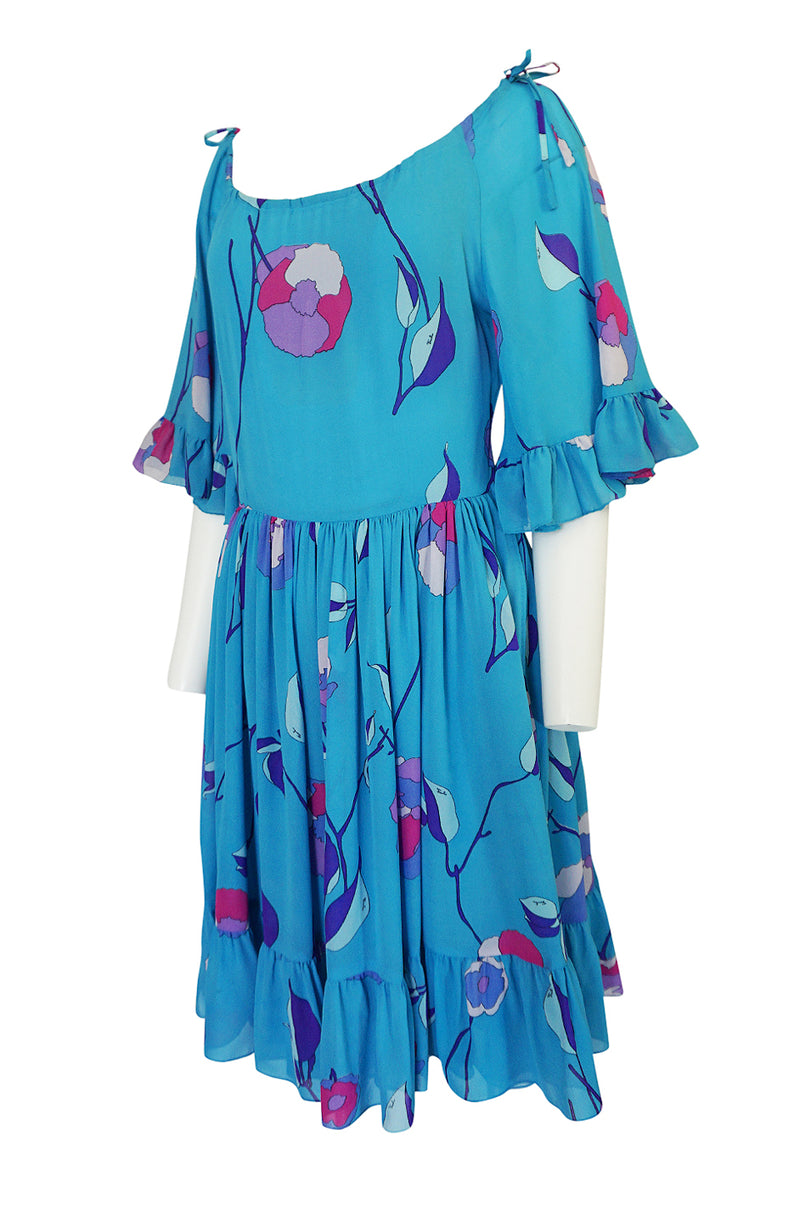 1970s Emilio Pucci Turquoise Silk Chiffon Off Shoulder Dress