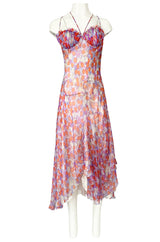 c2003 Alexander McQueen Silk Chiffon Cherry Print Backless Dress