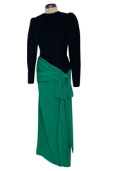 Fall 1983 Ady Couture Lausanne for Yves Saint Laurent Silk Black Velvet Bodice Dress w Emerald Green Silk Skirt