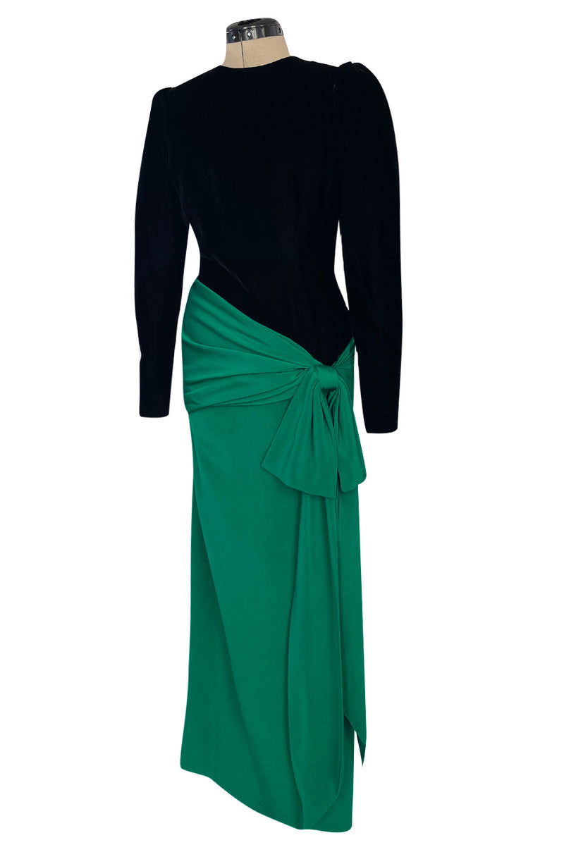 Fall 1983 Ady Couture Lausanne for Yves Saint Laurent Silk Black Velvet Bodice Dress w Emerald Green Silk Skirt