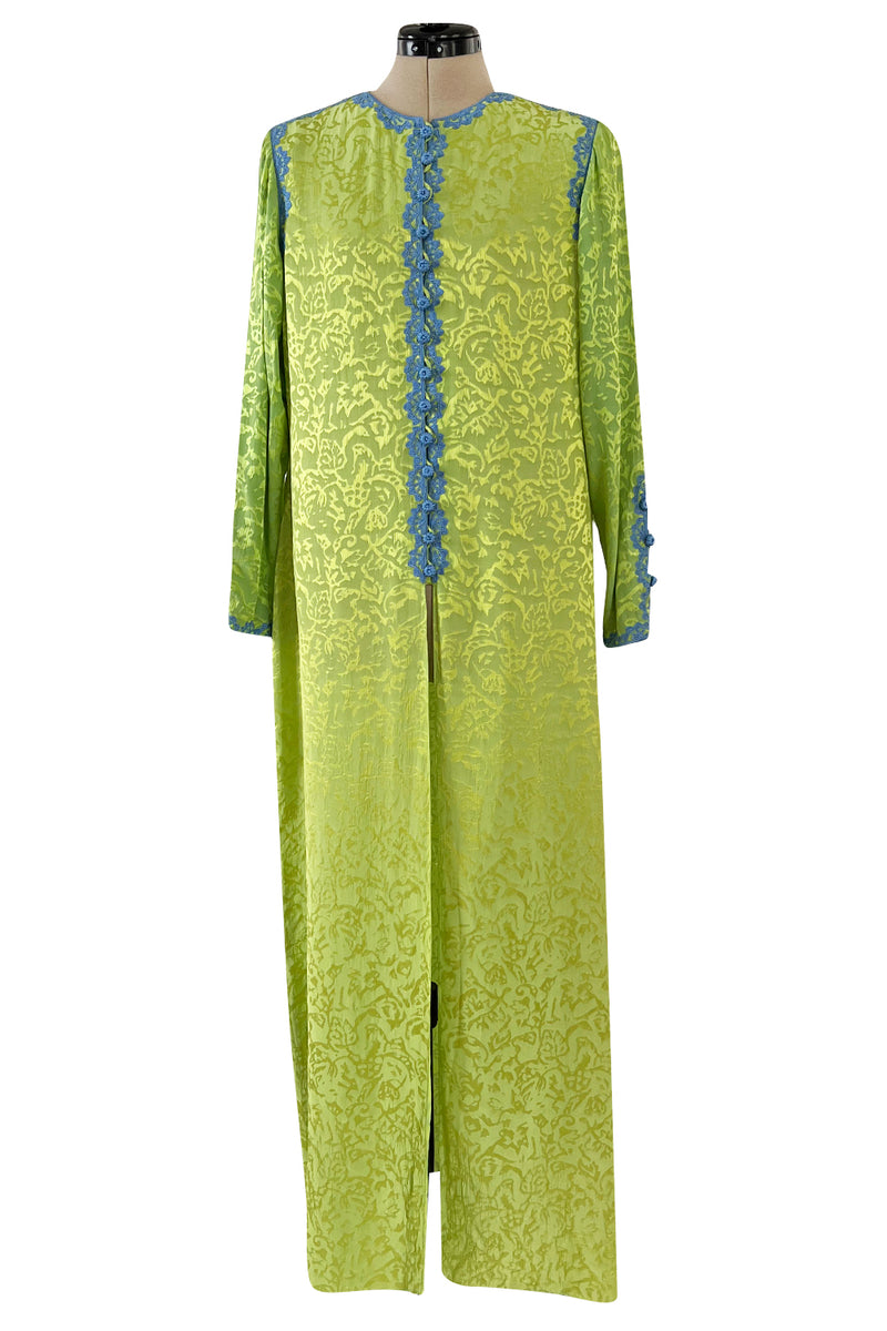 1980s Oscar de la Renta Green Silk Blue Trim Caftan Dress or Evening Coat