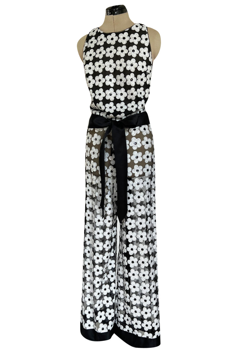 Spring 2015 Chanel by Karl Lagerfeld Black Net White Sequin Flower Pant Top Set
