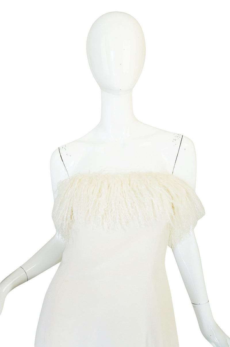 1970s Mongolian Fur Trimmed Cream Silk Travilla Gown